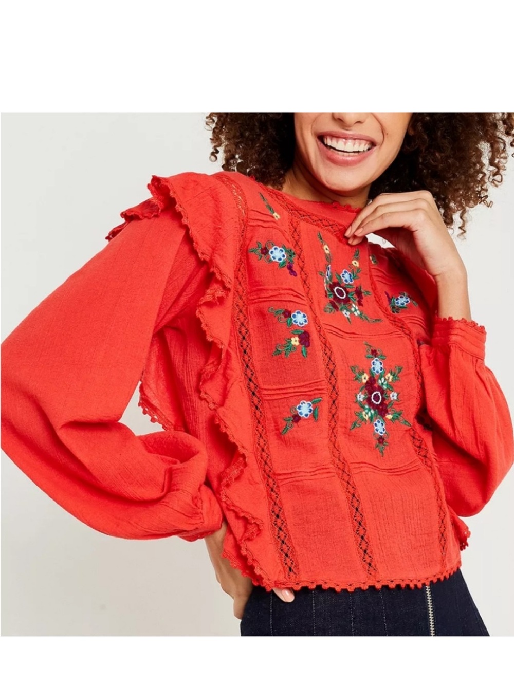 Free People Embroidered Ruffle Peasant shirt